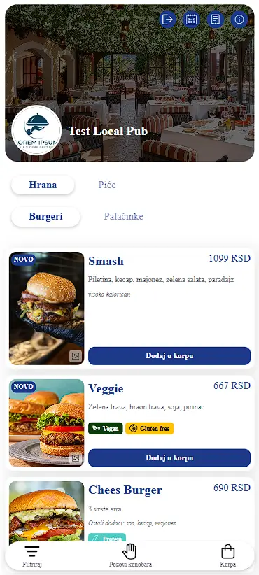 QuickMenu digitalni meni prikazan na iPhone telefonu sa kategorijama hrane i pića